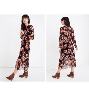 Madewell Shirred Midi Dress French Rose Black Red Sheer XL